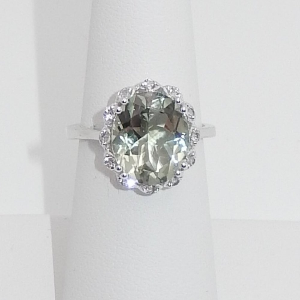 NWOT / Green Prasiolite (4.40 ct) & White Topaz (.20 ct) Ring In Sterling Silver